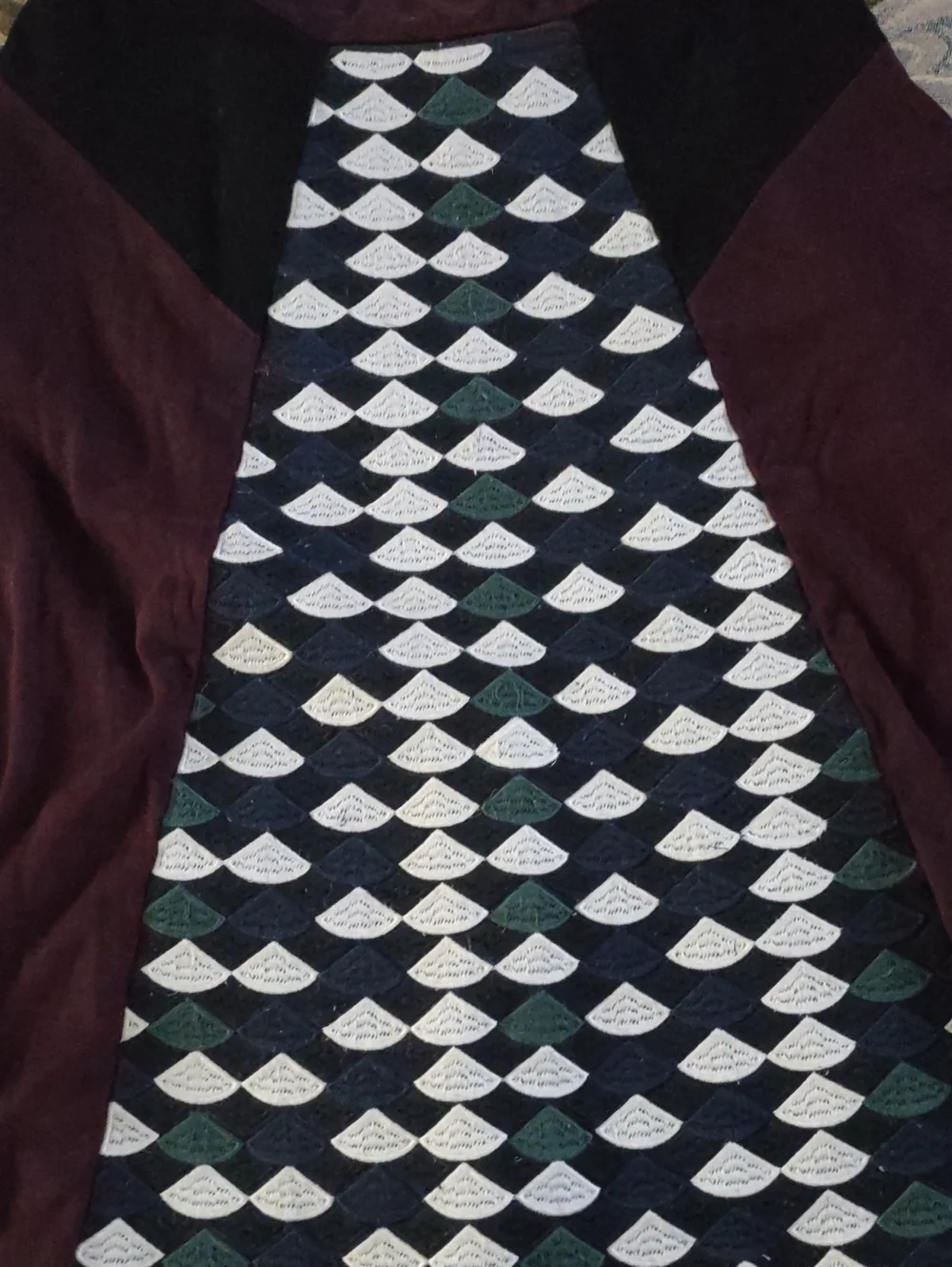 A Line Skirt, Maroon with black at hips and patterned inset. Small.